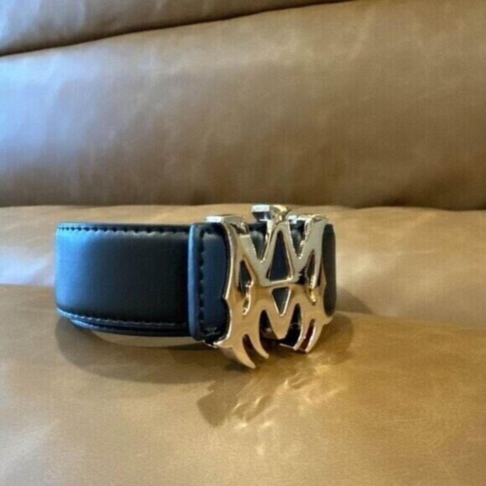 AMIRI Faux Black Leather Belt Gold MA Belt Buckle for Men 36